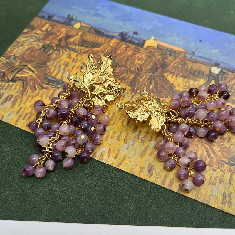 Grape & Gold Leaf Tassel Earrings - Floral Fawna