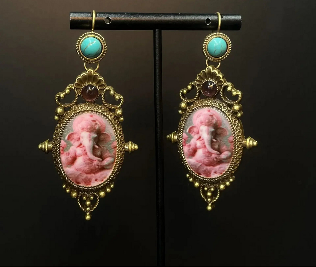 Pink Cameo Ganesh Elephant Earrings - Floral Fawna