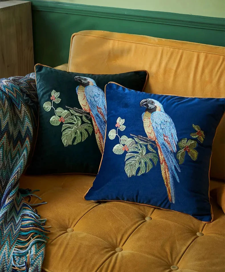 Embroidered Parrot Pillow Case - Floral Fawna