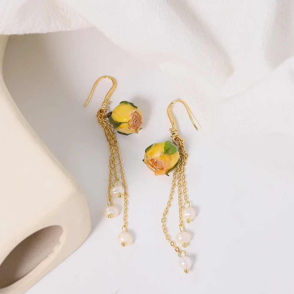 Pearl & Rose Drop Earrings - Floral Fawna
