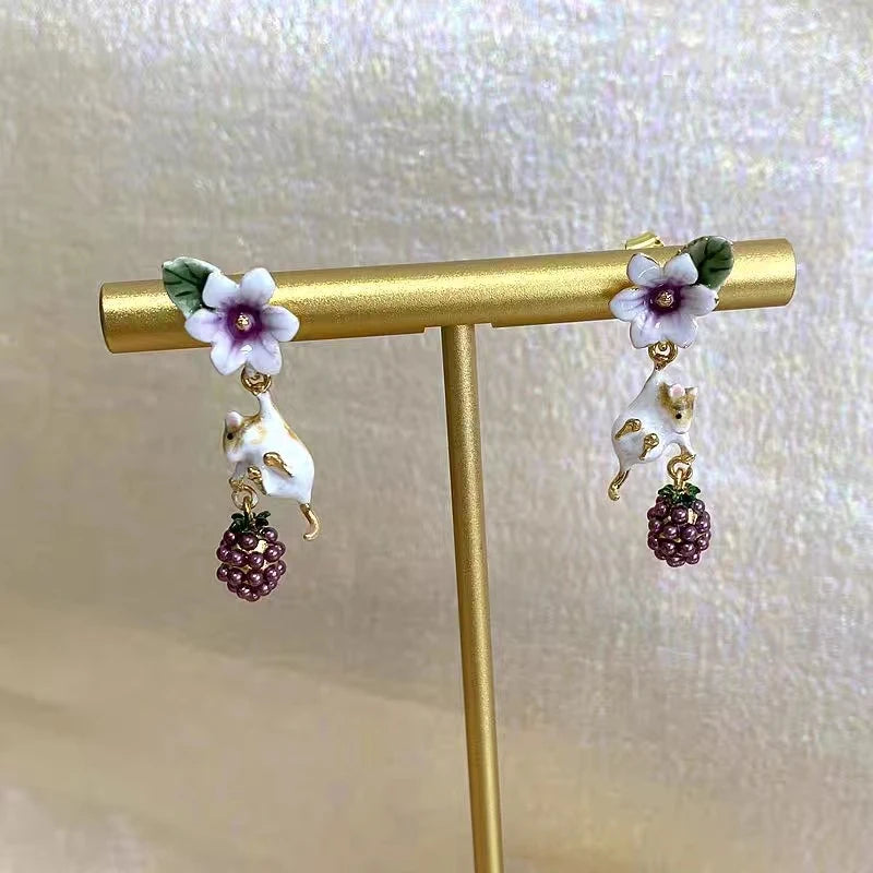 Vole & Raspberry Dangle Earrings - Floral Fawna