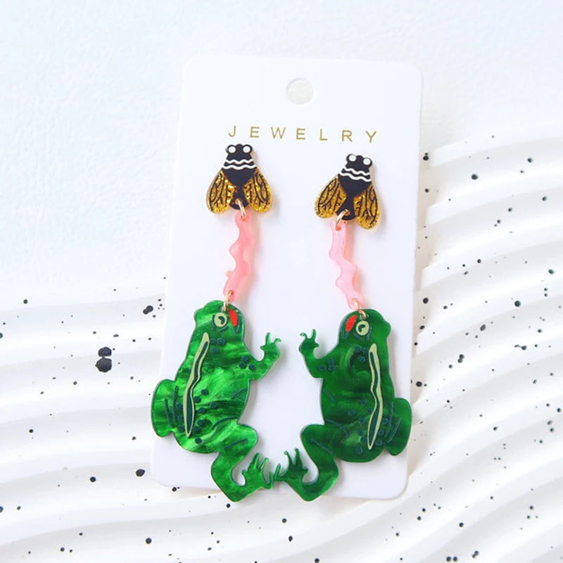 Frogs Catching Bees Acrylic Earrings - Floral Fawna