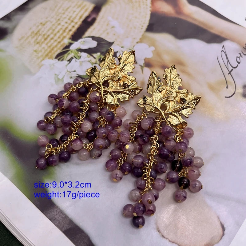 Grape & Gold Leaf Tassel Earrings - Floral Fawna