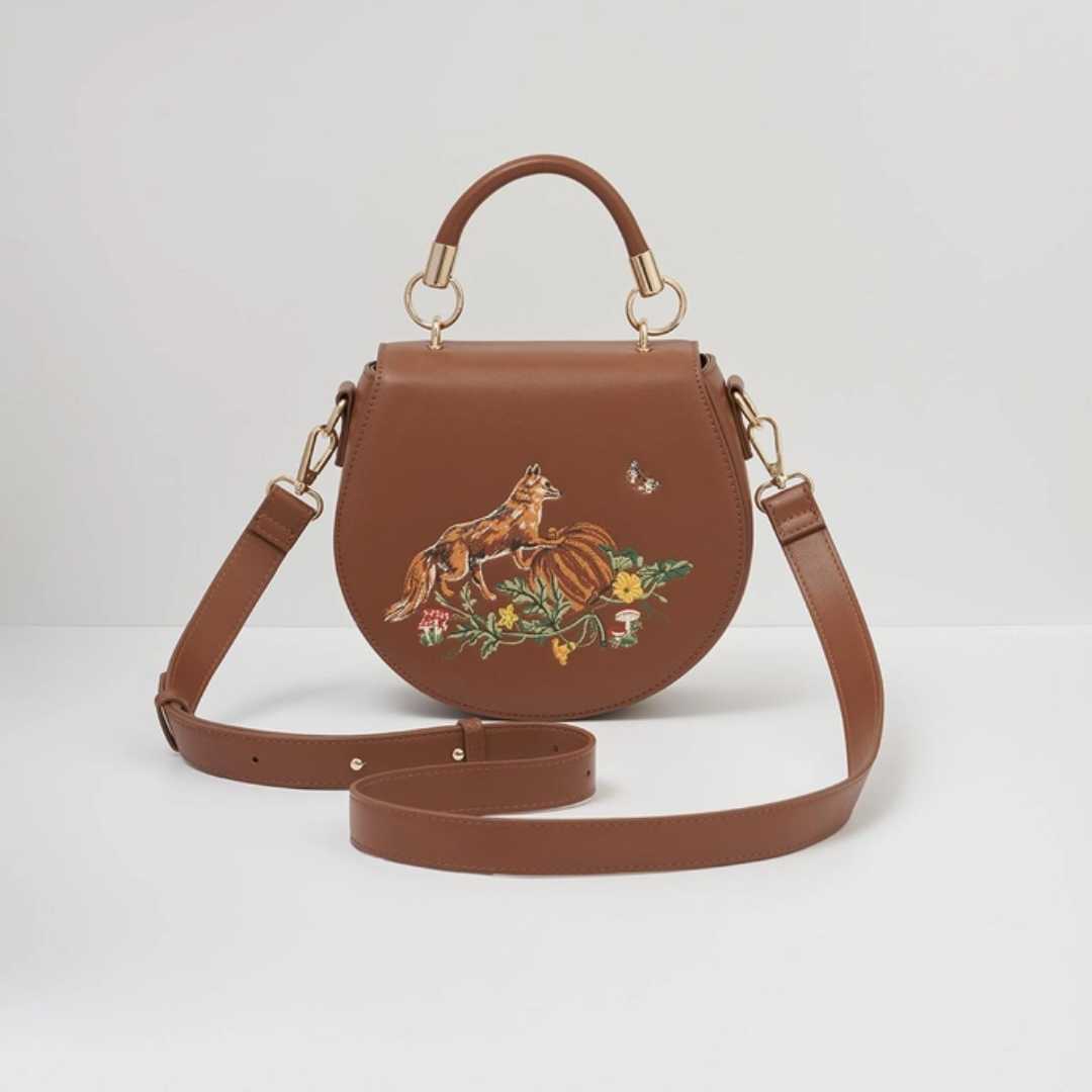 Fox & Pumpkin Embroidered Tan Saddle Purse