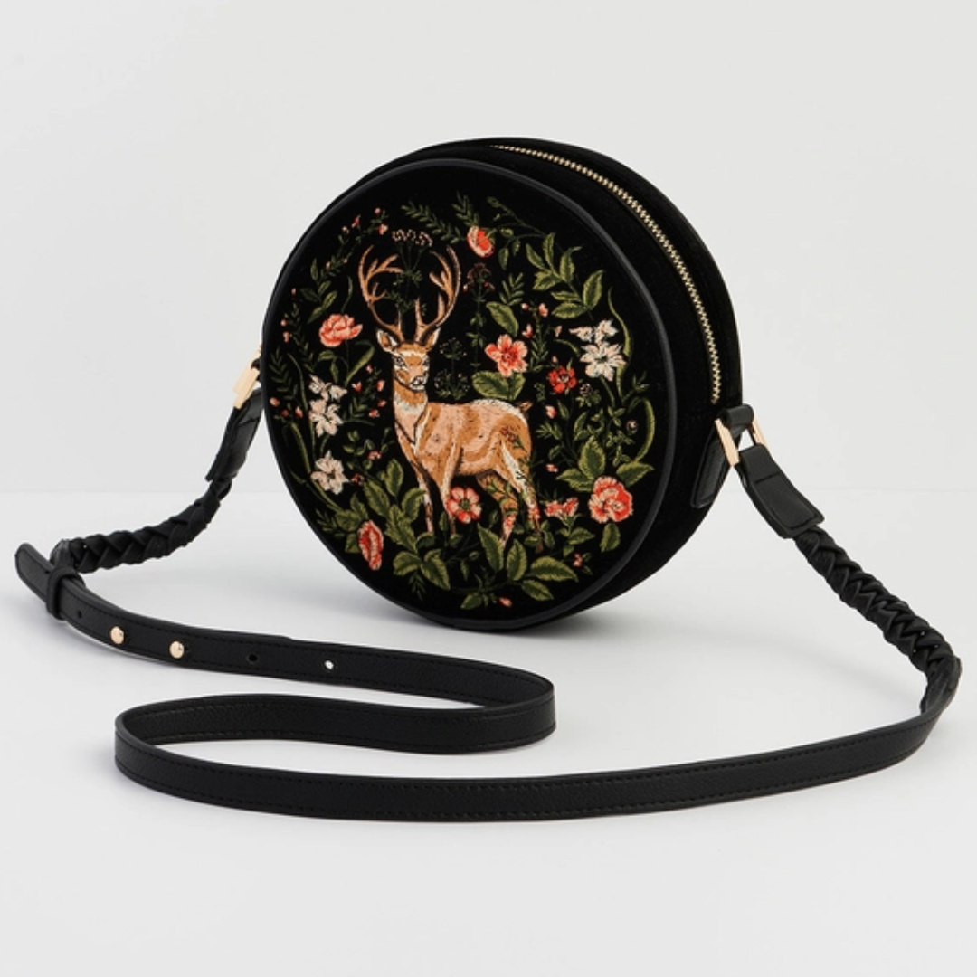 Fawn Embroidered Black Circle Bag
