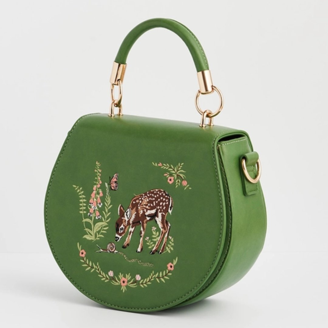 Fawn & Snail Green Embroidered Top Handle Bag