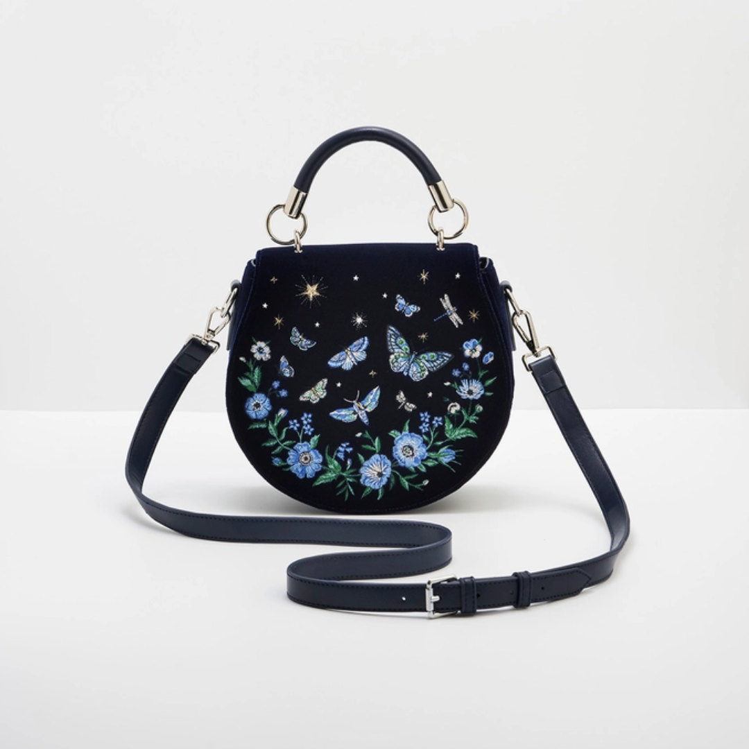 Velvet Navy Butterfly Embroidered Saddle Bag 🦋