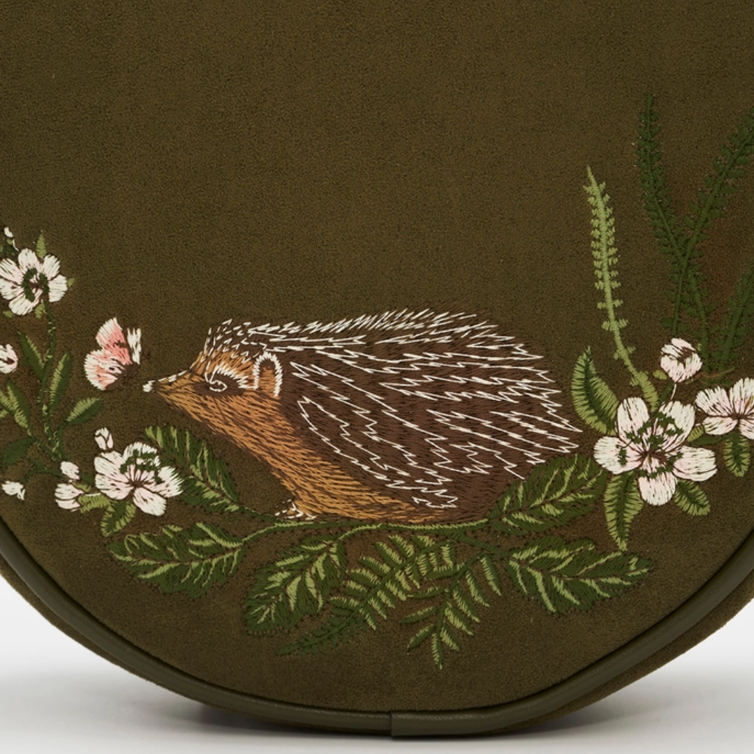 Chloe Hedgehog Embroidered Circle Bag in Khaki Suede