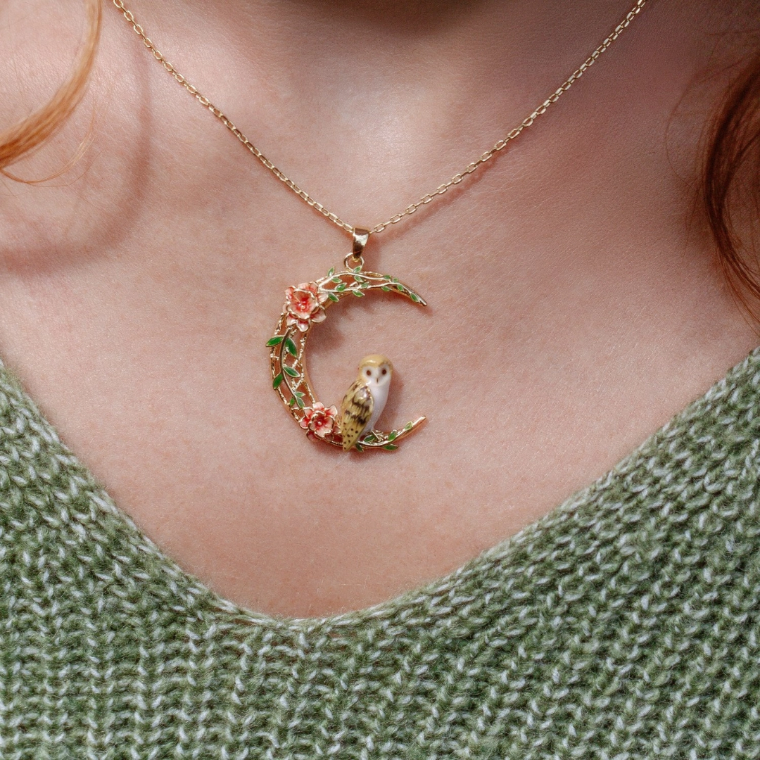 Bill Skinner Barn Owl & Crescent Moon Gold-Plated Necklace worn by a model