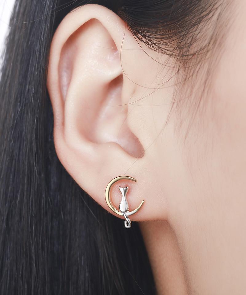 Cat & Moon Sterling Silver Stud Earrings - Floral Fawna