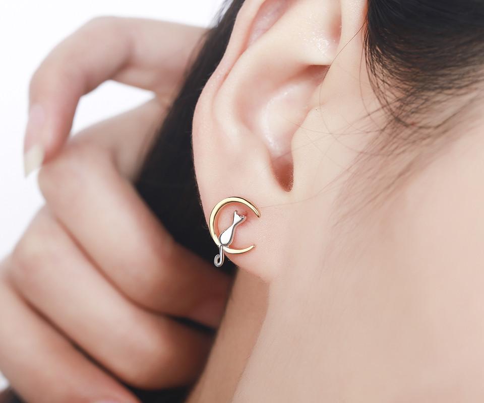 Cat & Moon Sterling Silver Stud Earrings - Floral Fawna