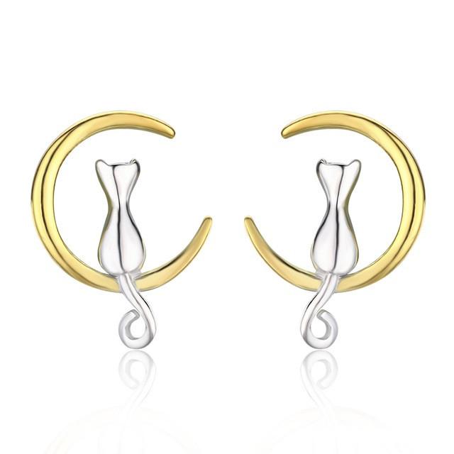 Cat & Moon Sterling Silver Stud Earrings - Floral Fawna