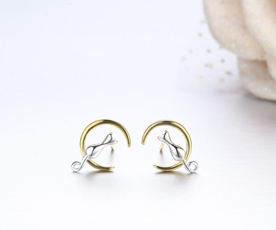 Cat & Moon Sterling Silver Stud Earrings - Floral Fawna