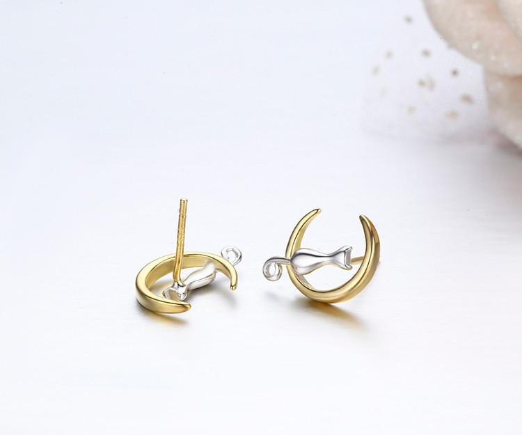 Cat & Moon Sterling Silver Stud Earrings - Floral Fawna