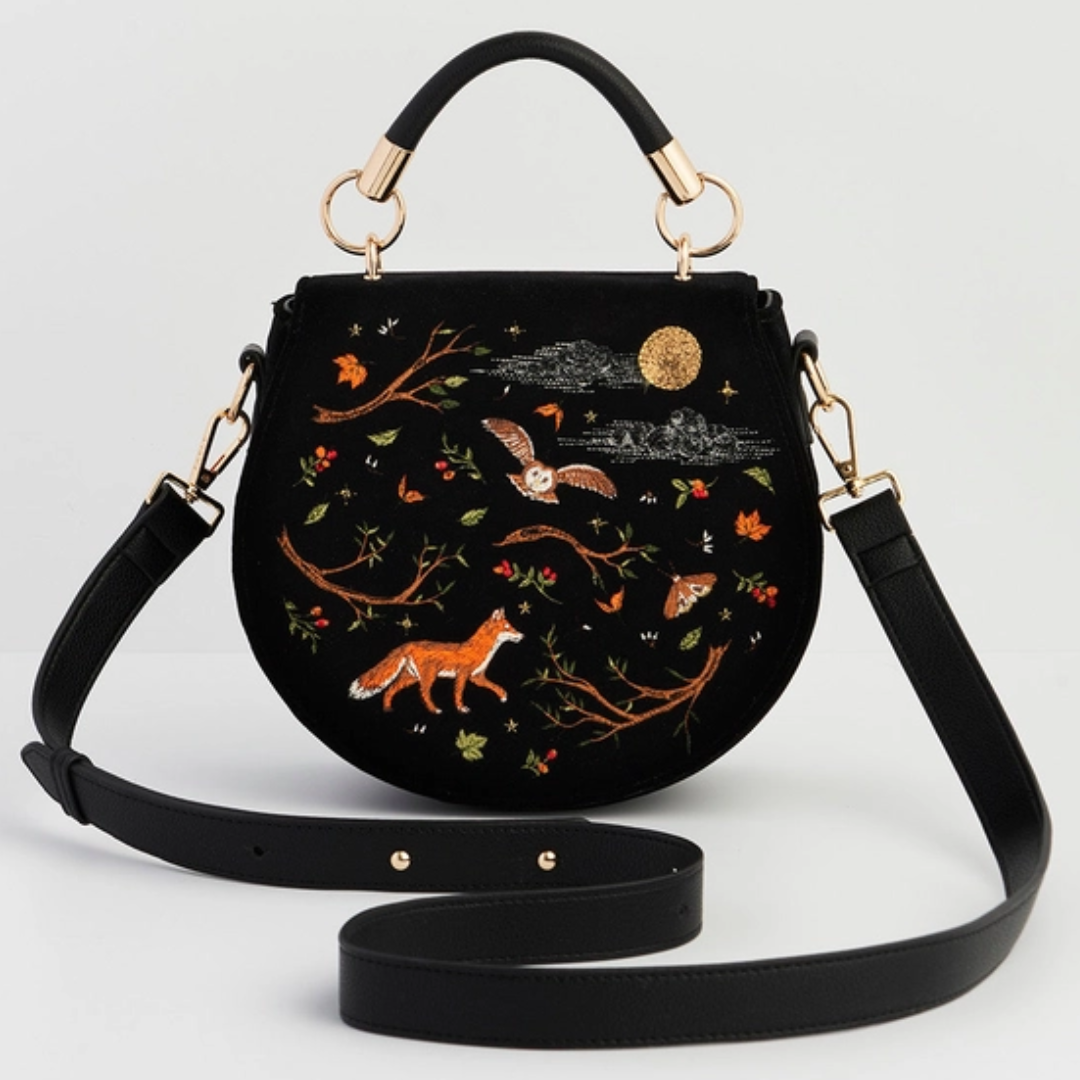 Fox &amp; Owl Embroidered Black Top Handle Saddle Bag - Floral Fawna