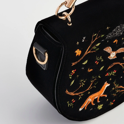 Fox &amp; Owl Embroidered Black Top Handle Saddle Bag - Floral Fawna