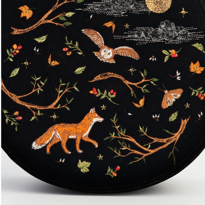 Fox &amp; Owl Embroidered Black Top Handle Saddle Bag - Floral Fawna