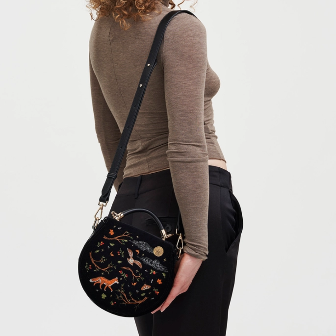 Fox &amp; Owl Embroidered Black Top Handle Saddle Bag - Floral Fawna