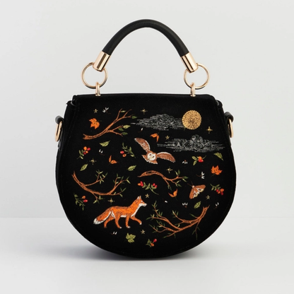 Fox &amp; Owl Embroidered Black Top Handle Saddle Bag - Floral Fawna