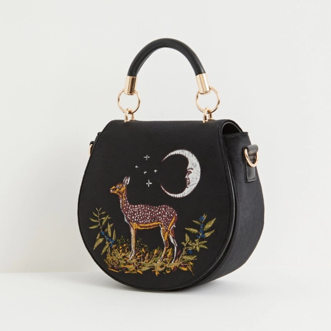 Fable Deer &amp; Moon Embroidered Saddle Bag - Floral Fawna