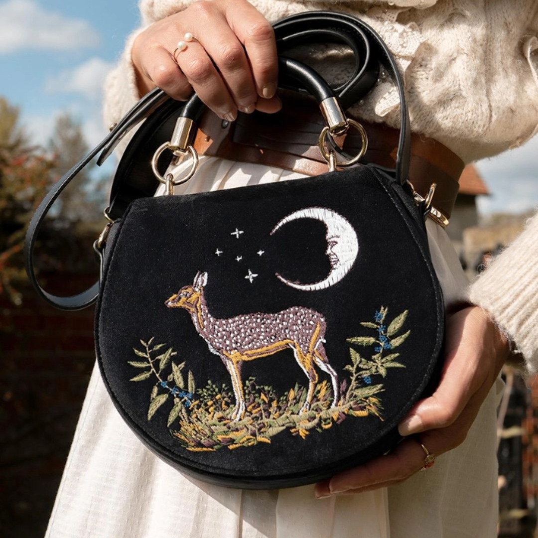 Fable Deer &amp; Moon Embroidered Saddle Bag - Floral Fawna