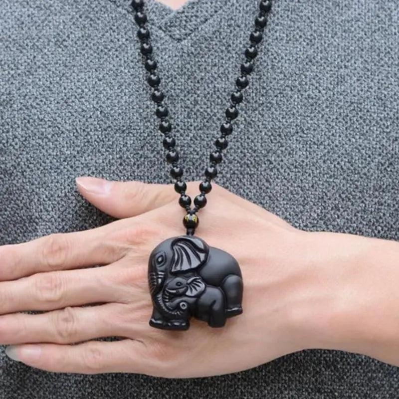 Black Stone Elephant Necklace - Floral Fawna