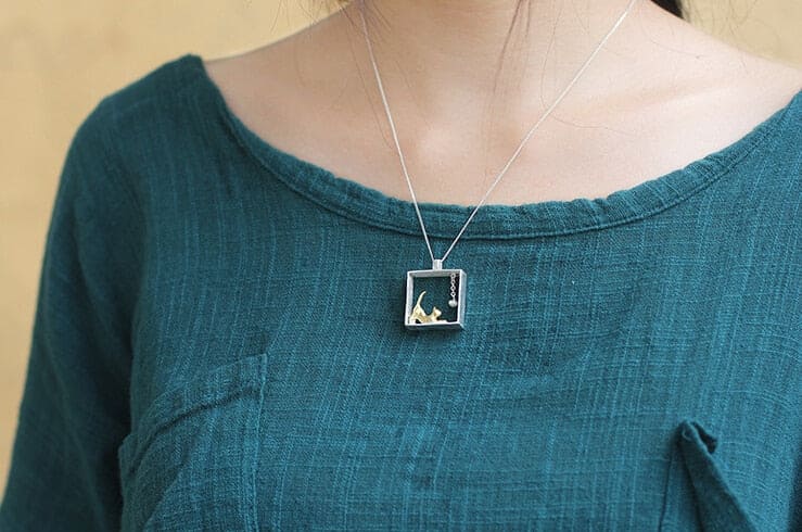 Sterling Silver Square Cat Necklace - Floral Fawna