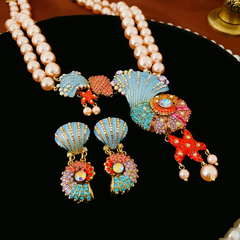 Rhinestone Shell & Starfish Double Pearl Necklace & Rhinestone Sea Shell & Ammonite Earrings Set - Floral Fawna