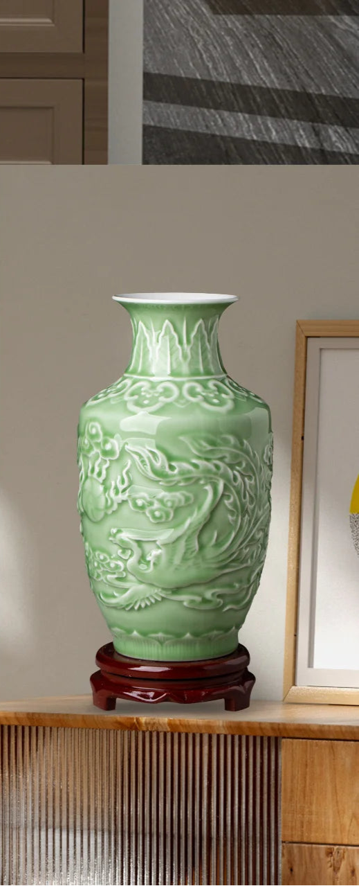 Ceramic Patterned Green Vase - Floral Fawna
