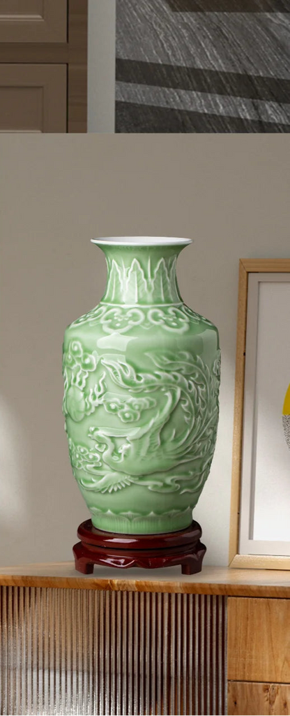Ceramic Patterned Green Vase - Floral Fawna