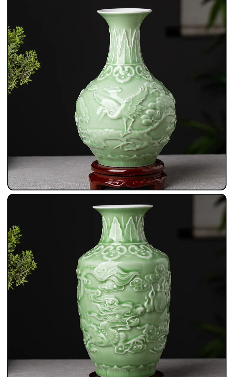 Ceramic Patterned Green Vase - Floral Fawna