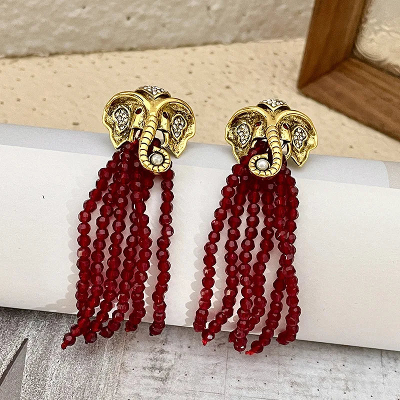 Gold Elephant Tassel Earrings