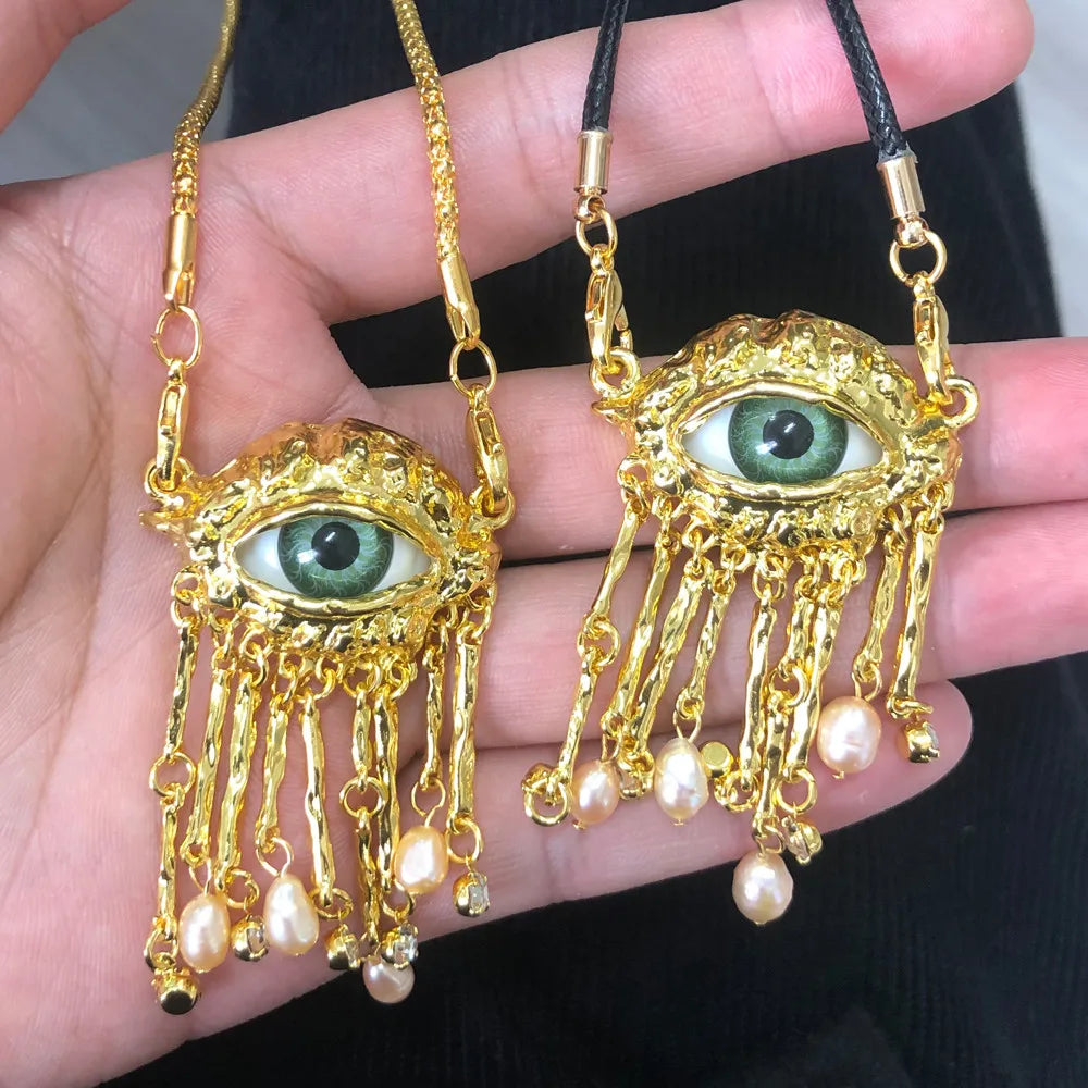 Statement Gold Eye Tassel Necklace - Floral Fawna
