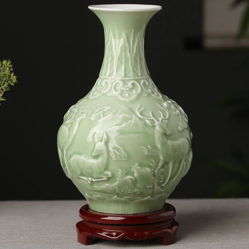 Ceramic Patterned Green Vase - Floral Fawna