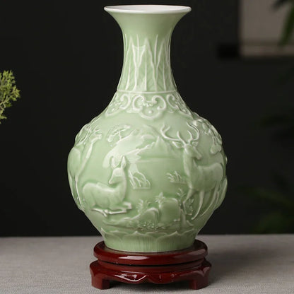 Ceramic Patterned Green Vase - Floral Fawna