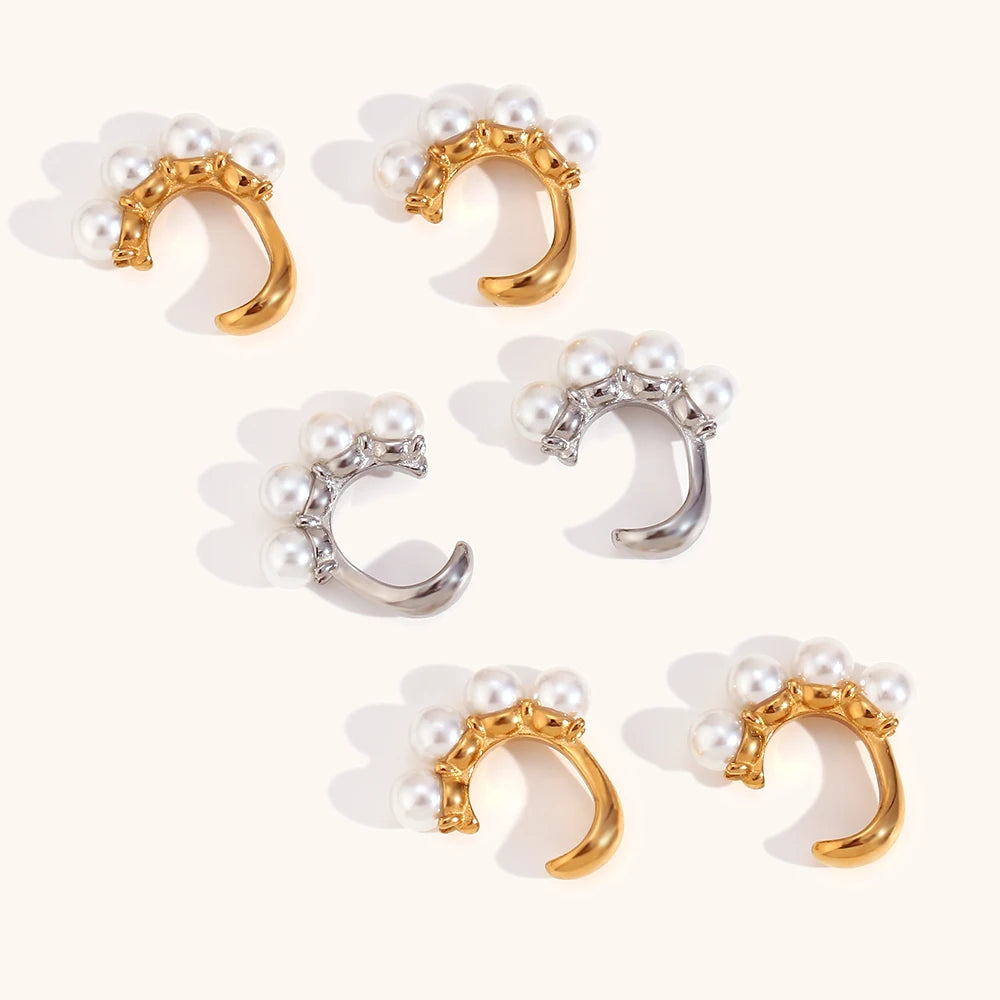 18K Gold Plated Pearl Ear Clips - Floral Fawna