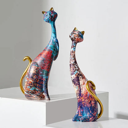 2 Pcs Oil Painted Cat Sculptures - Floral Fawna