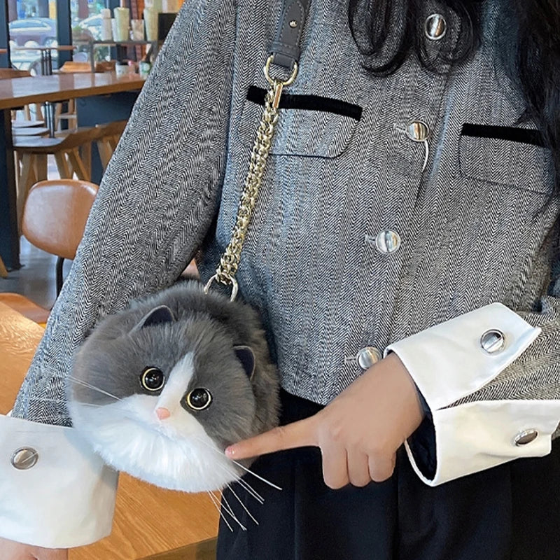 Realistic Grey and White Faux Fur Cat Bag