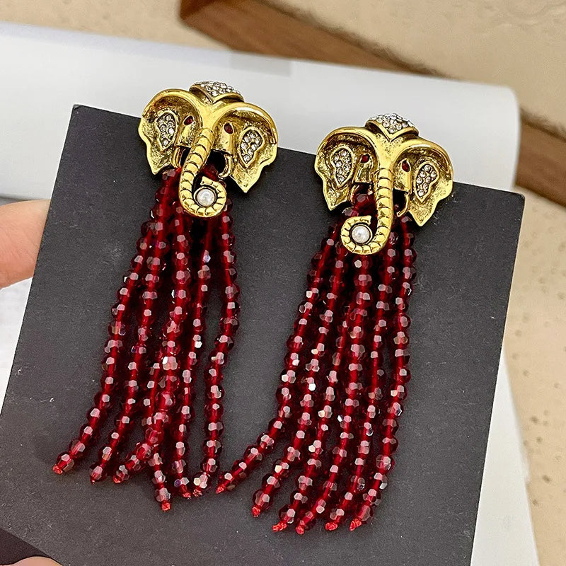 Gold Elephant Tassel Earrings