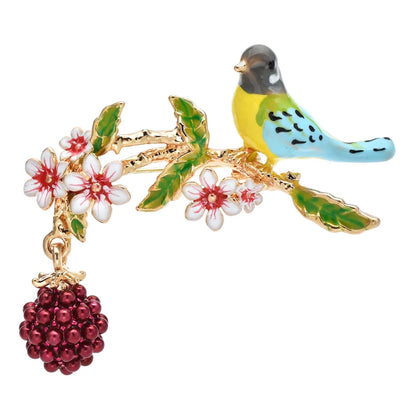 Bird, Raspberry, and Flower Branch Brooch - Floral Fawna