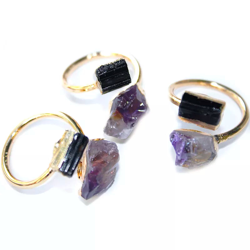 Raw Tourmaline and Amethyst Ring - Floral Fawna