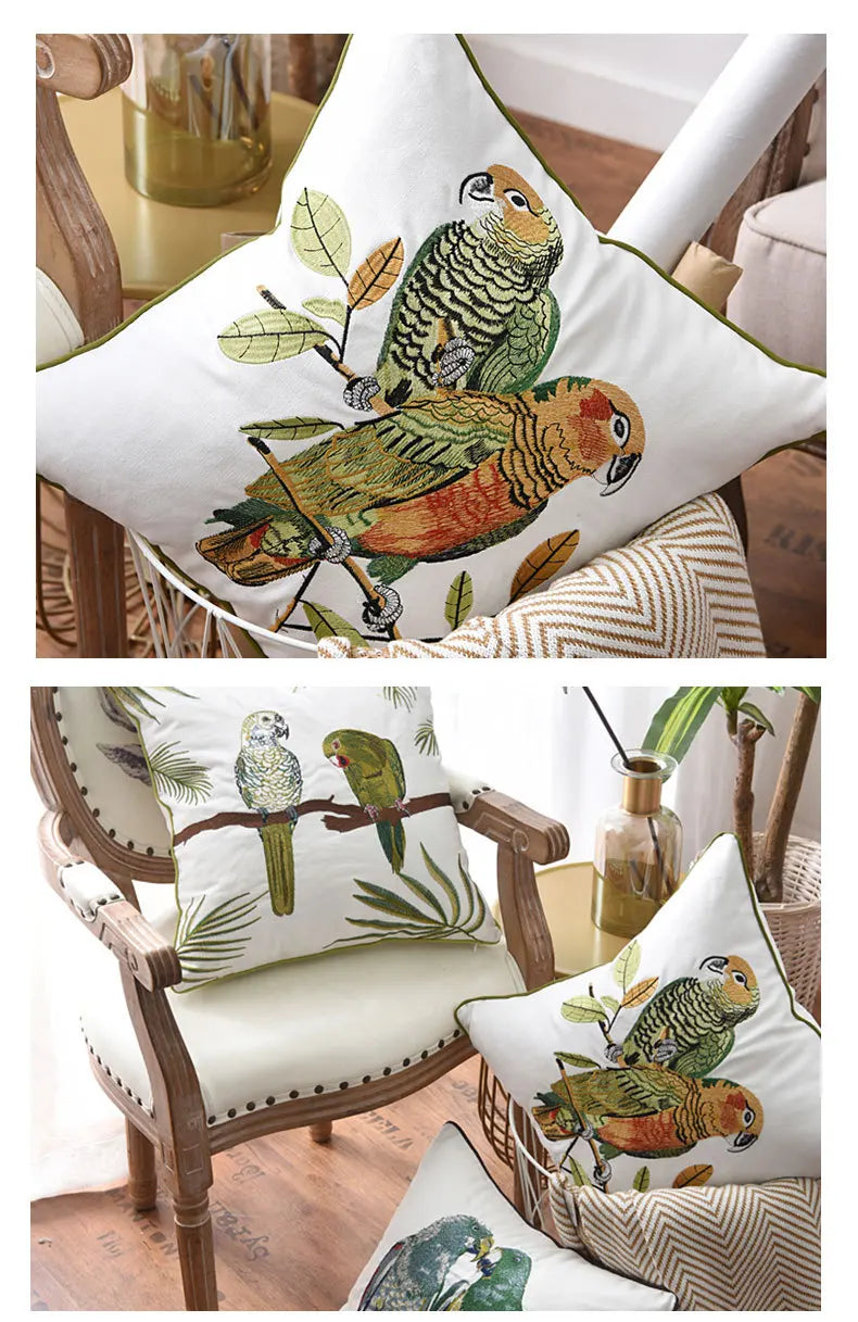 Parrot Embroidered Cushion Cover