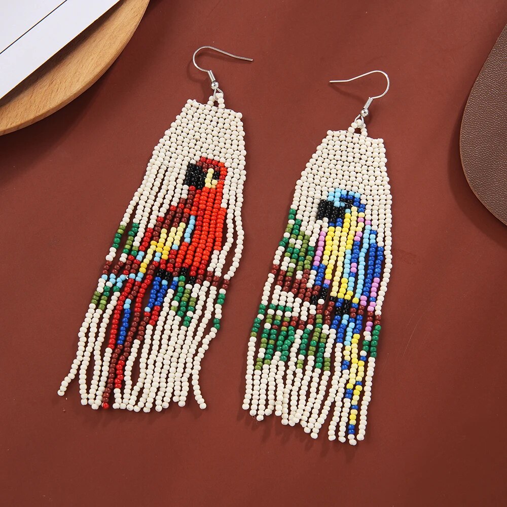 Bead Tassel Bird Earrings - Floral Fawna