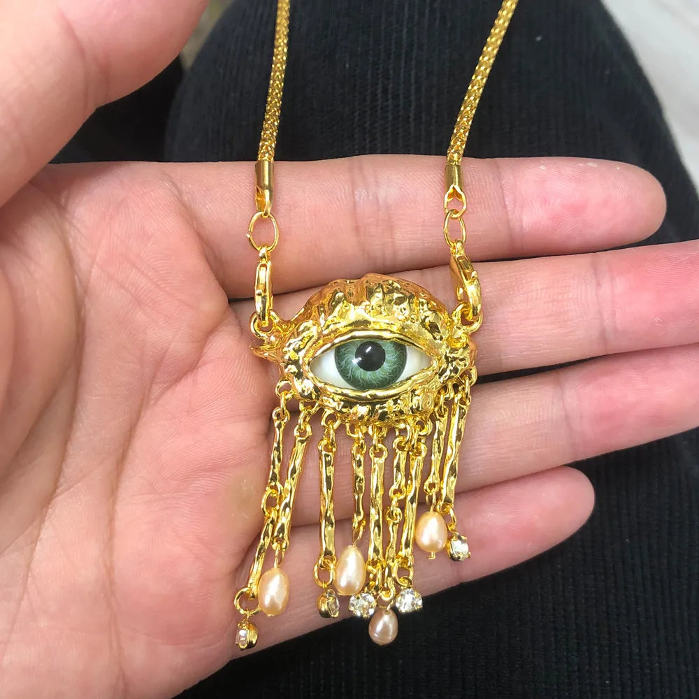 Statement Gold Eye Tassel Necklace