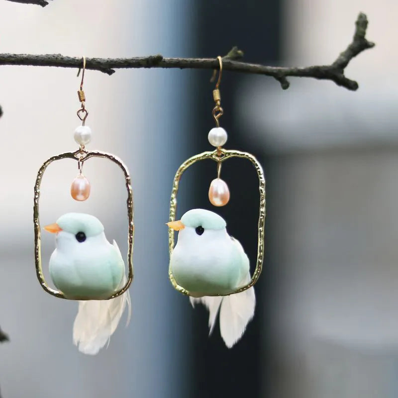 3D Bird on Perch Dangle Earrings - Floral Fawna