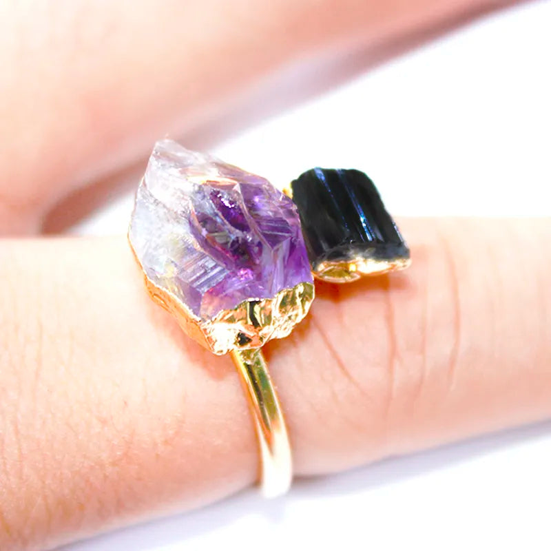 Raw Tourmaline and Amethyst Ring - Floral Fawna