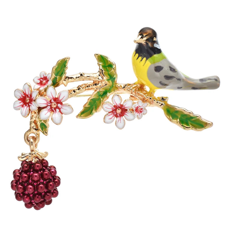 Bird, Raspberry, and Flower Branch Brooch - Floral Fawna