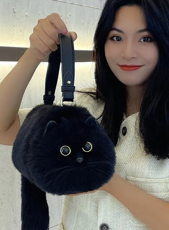 Realistic Black Faux Fur Cat Bag - Floral Fawna