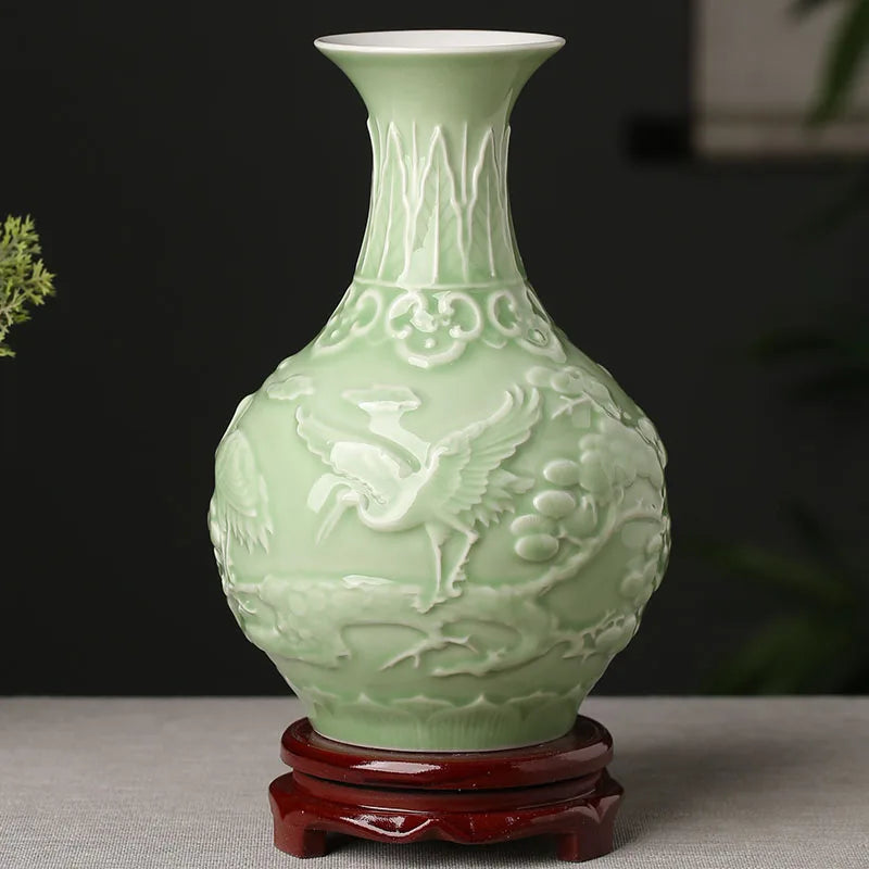 Ceramic Patterned Green Vase - Floral Fawna