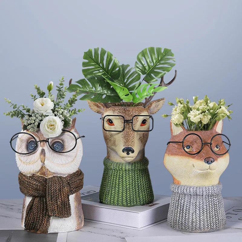 Animal Wearing Glasses Plant Pot - Floral Fawna